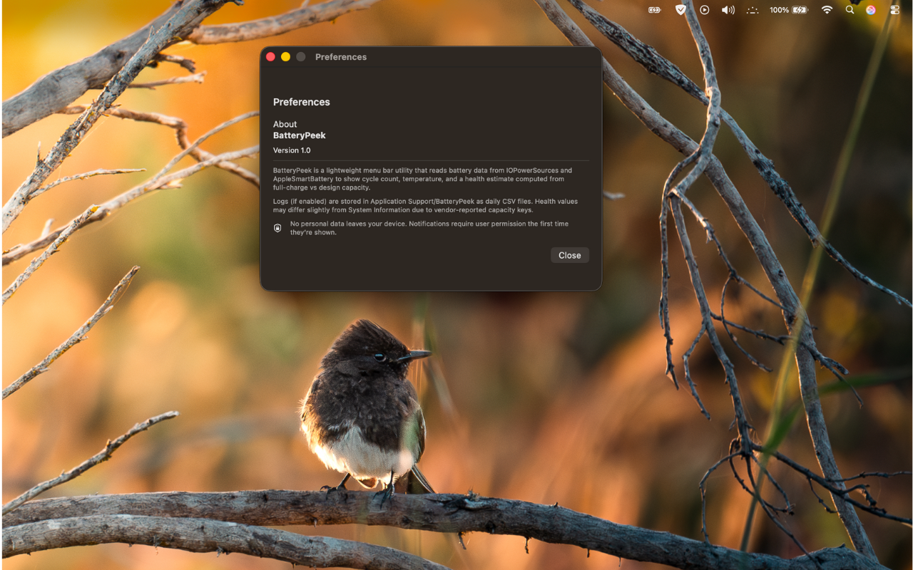 BatteryPeek About window with version and credits